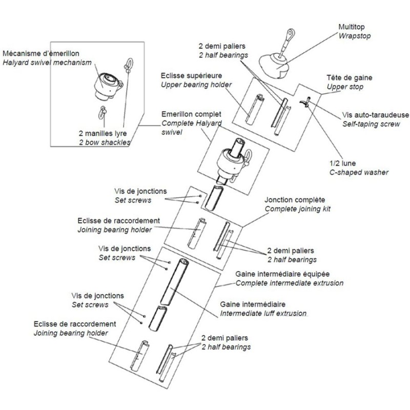Profurl Manual Reefing System Headsail Furler Replacement Parts Descriptions - Upper Section
