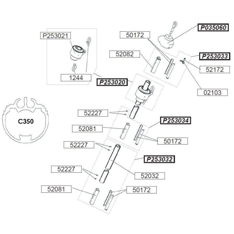 Profurl Manual Reefing System Headsail Furler Parts Exploded Diagram, Upper Section - C350