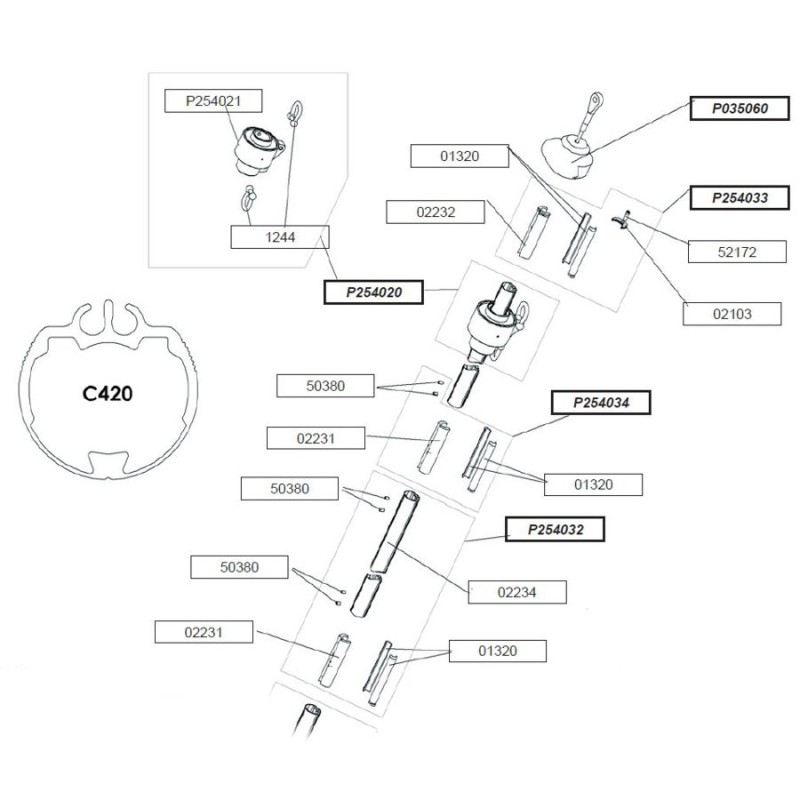 Profurl Manual Reefing System Headsail Furler Parts Exploded Diagram, Upper Section - C420