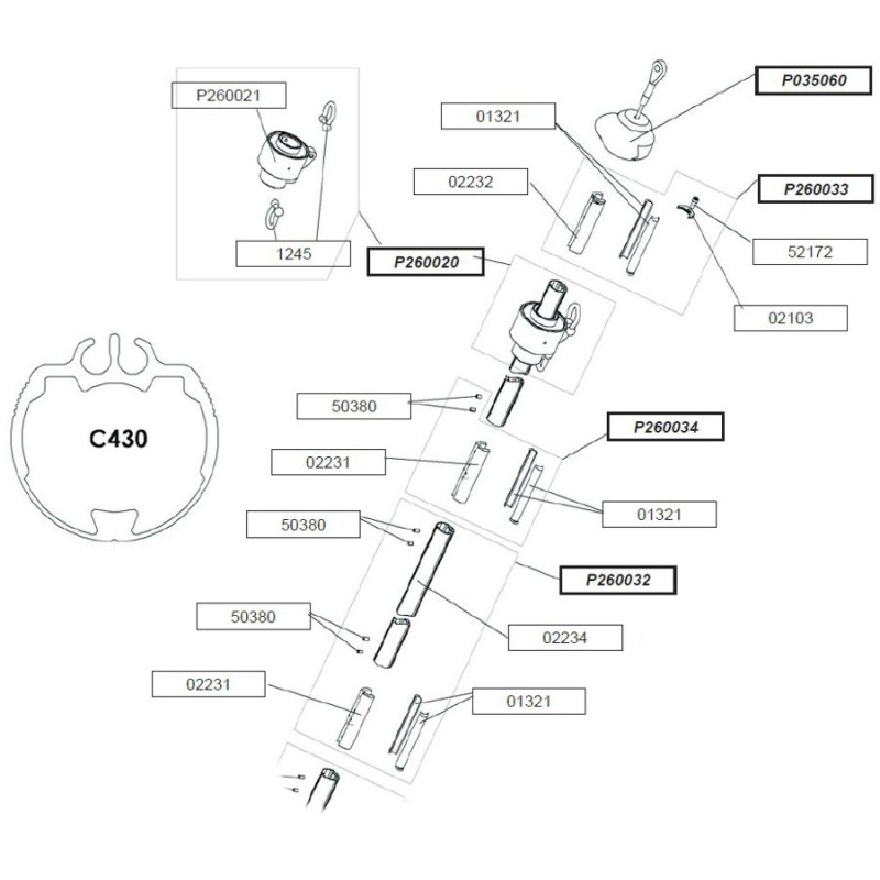 Profurl Manual Reefing System Headsail Furler Parts Exploded Diagram, Upper Section - C430