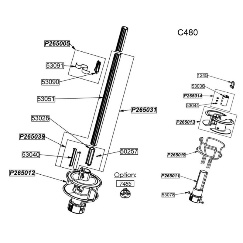 Profurl Manual Reefing System Headsail Furler Parts Exploded Diagram, Lower Section - C480