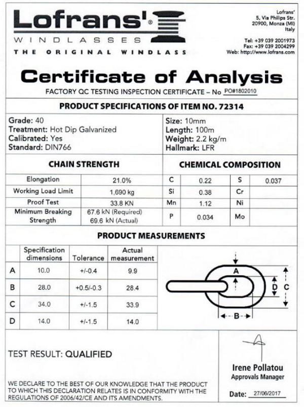 Calibrated Anchor Chain - Sample Test Certificate - 10mm DIN766 - Lofrans Grade 40