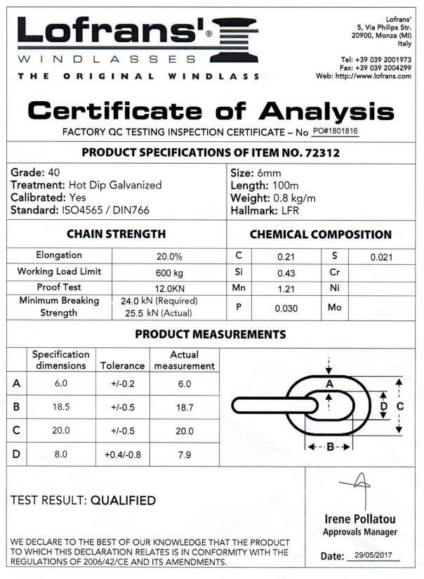 Calibrated Anchor Chain - Sample Test Certificate - 6mm DIN766 - Lofrans Grade 40