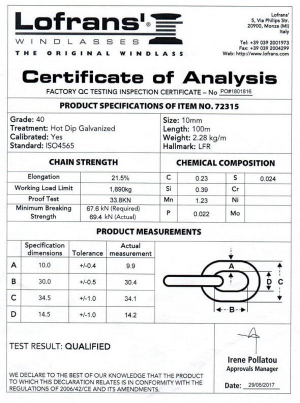 Calibrated Anchor Chain - Sample Test Certificate - 10mm ISO - Lofrans Grade 40