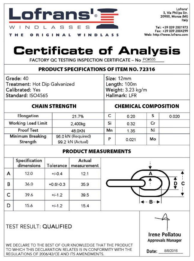 Calibrated Anchor Chain - Sample Test Certificate - 12mm ISO - Lofrans Grade 40