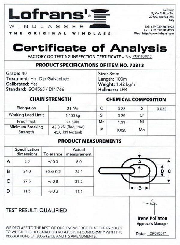 Calibrated Anchor Chain - Sample Test Certificate - 8mm DIN766 - Lofrans Grade 40