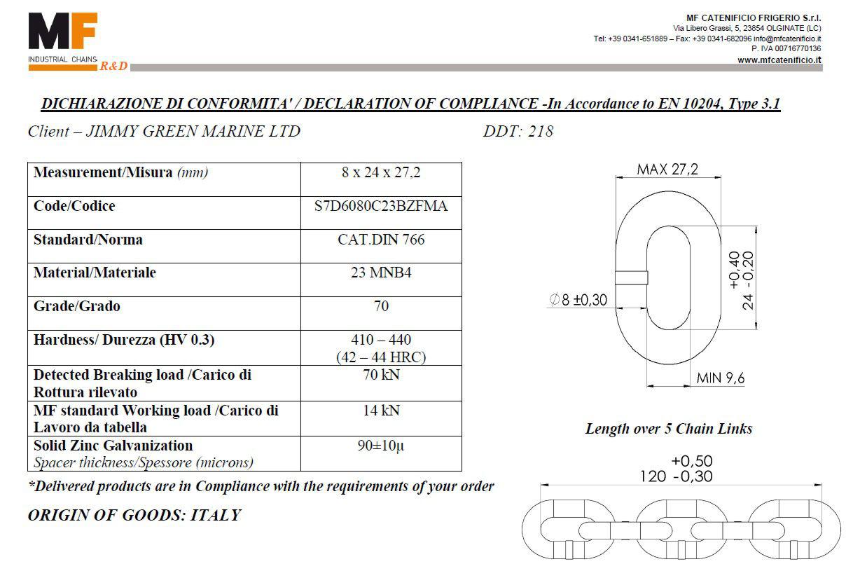 MF DAMS 8mm DIN766 Grae 7- calibrated anchor chain certificate