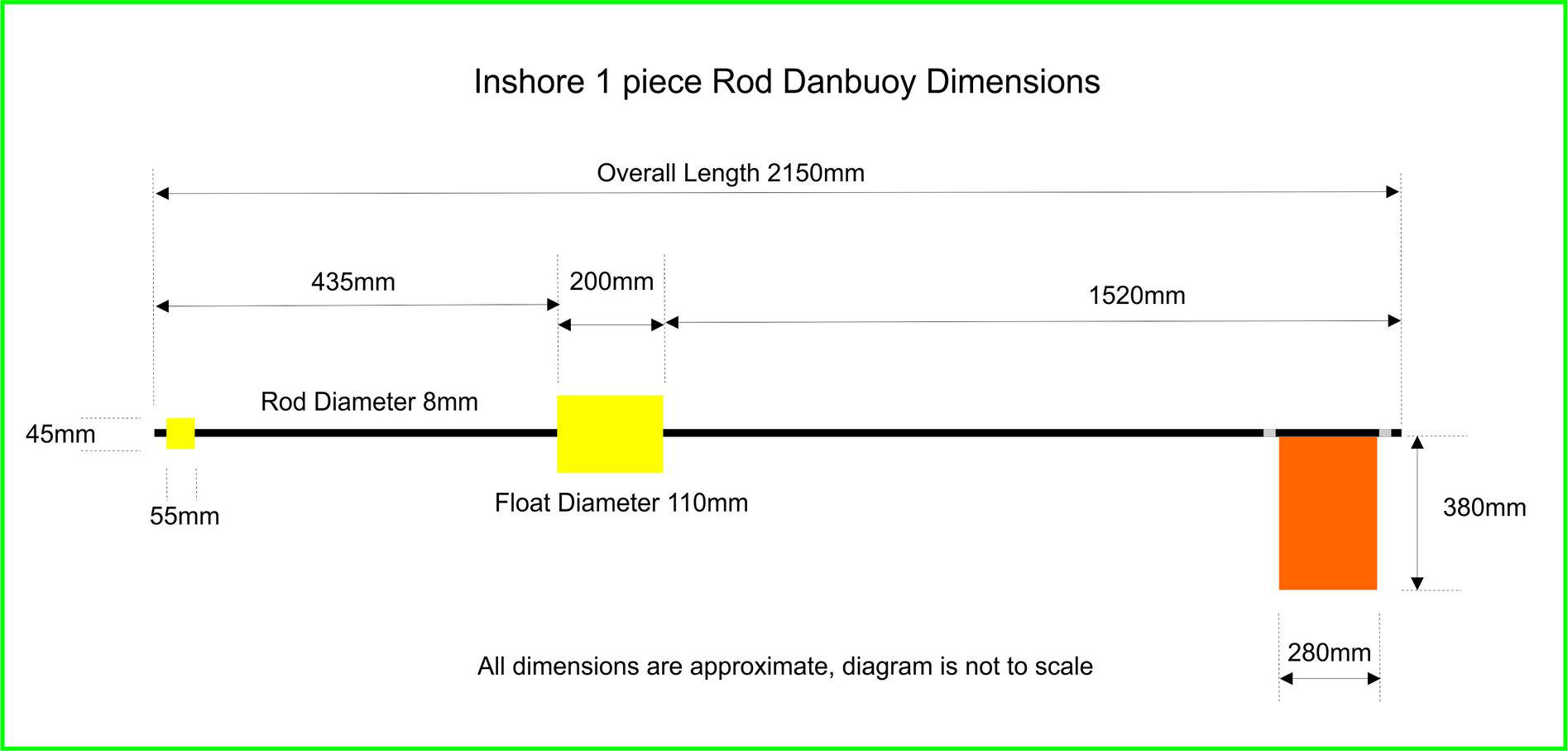 Danbuoy Diagram and Dimensions - 1 piece Rod - Inshore