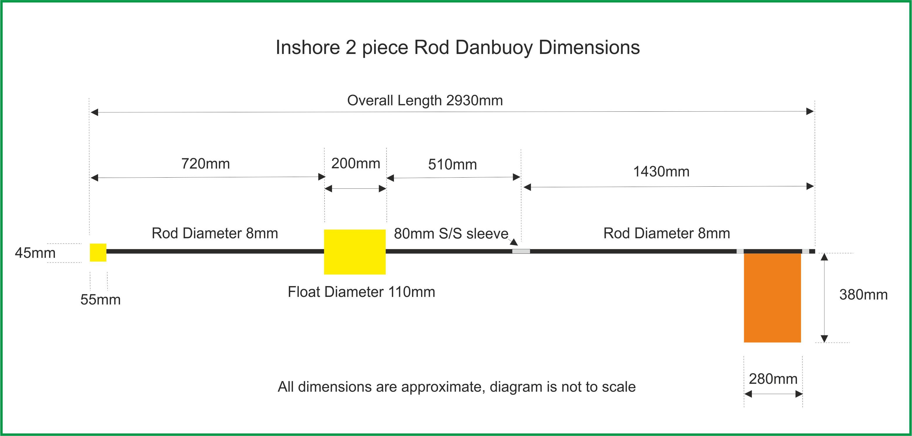 Danbuoy Diagram and Dimensions - 2 piece Rod - Inshore