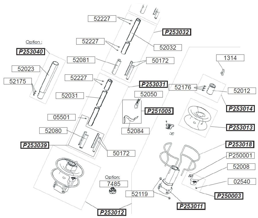 Profurl Manual Reefing System Headsail Furler Parts Exploded Diagram, Lower Section - C350