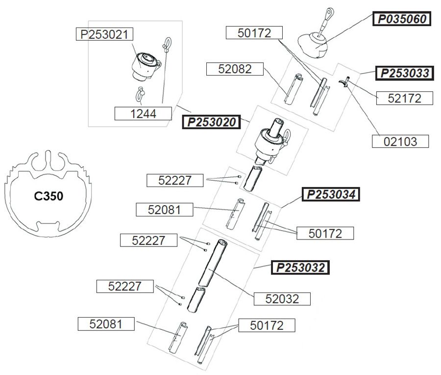 Profurl Manual Reefing System Headsail Furler Parts Exploded Diagram, Upper Section - C350